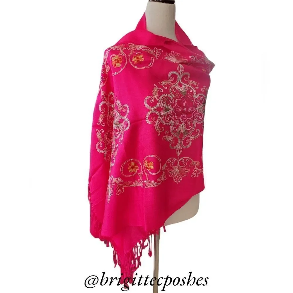 HANDMADE Embroidered Sequined Designed Pink Shawl
